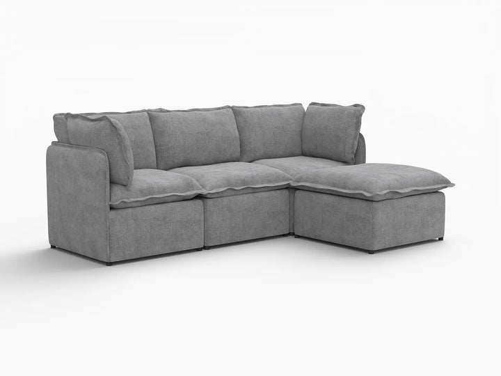 Deluxe Cloud 3-Seater Grey Large Space L-Shaped Sectional | 4-Piece (Includes 1 Ottoman), Linen Look Poly Fabric, Easy To Clean