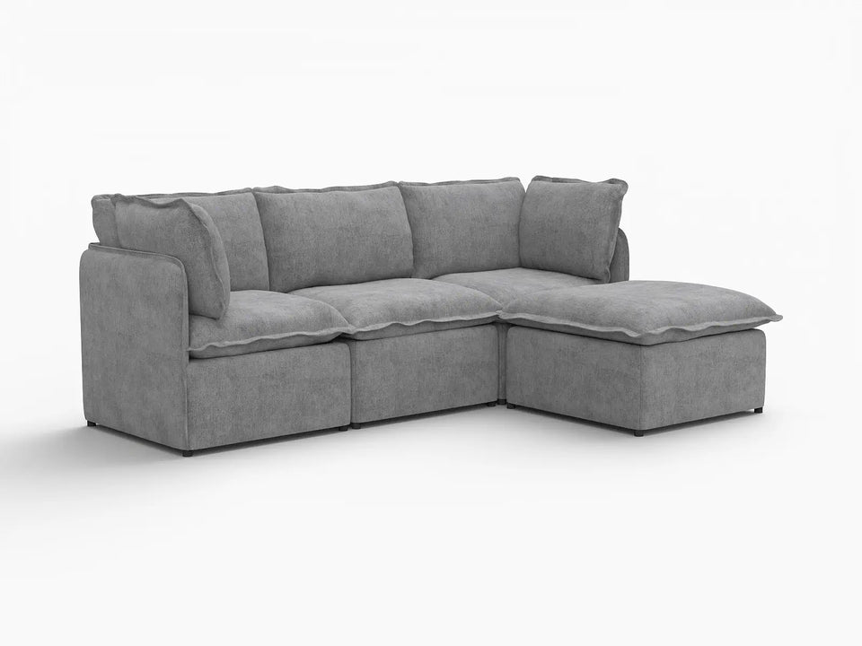Deluxe Cloud 3-Seater Grey Large Space L-Shaped Sectional | 4-Piece (Includes 1 Ottoman), Linen Look Poly Fabric, Easy To Clean