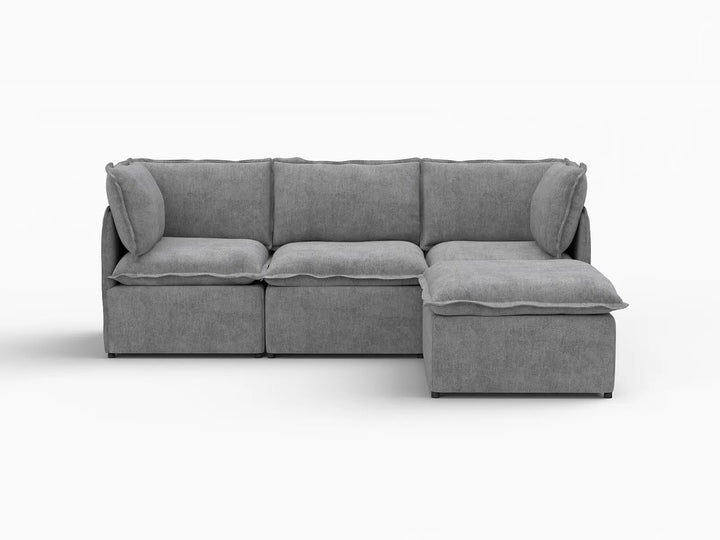 Deluxe Cloud 3-Seater Grey Large Space L-Shaped Sectional | 4-Piece (Includes 1 Ottoman), Linen Look Poly Fabric, Easy To Clean