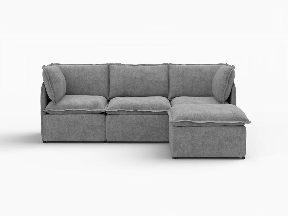 Deluxe Cloud 3-Seater Grey Large Space L-Shaped Sectional | 4-Piece (Includes 1 Ottoman), Linen Look Poly Fabric, Easy To Clean