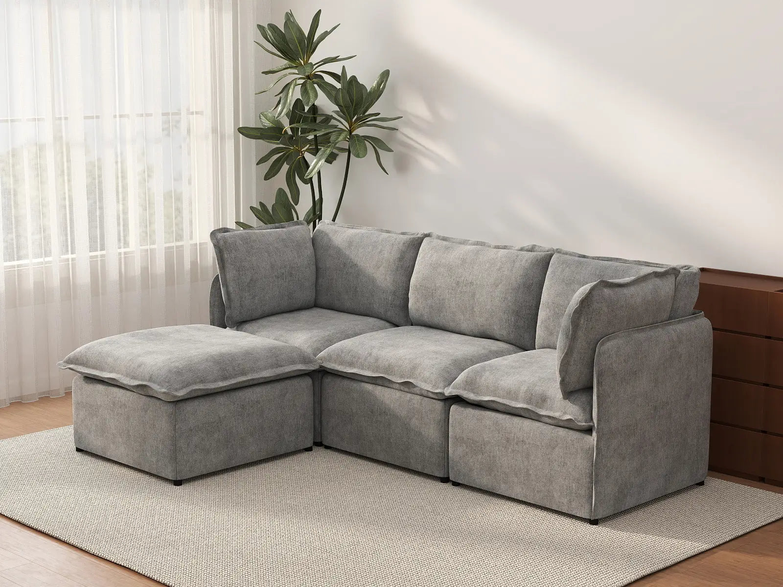 Deluxe Cloud 3-Seater Grey Large Space L-Shaped Sectional | 4-Piece (Includes 1 Ottoman), Linen Look Poly Fabric, Easy To Clean