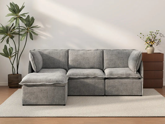 Deluxe Cloud 3-Seater Grey Large Space L-Shaped Sectional | 4-Piece (Includes 1 Ottoman), Linen Look Poly Fabric, Easy To Clean