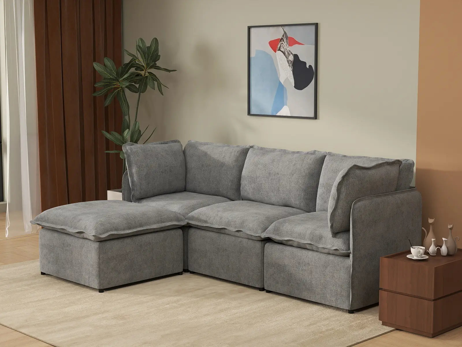 Deluxe Cloud 3-Seater Grey Large Space L-Shaped Sectional | 4-Piece (Includes 1 Ottoman), Linen Look Poly Fabric, Easy To Clean