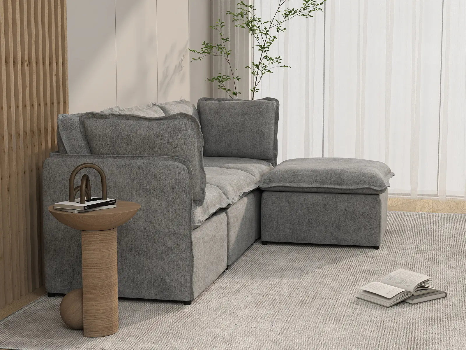 Deluxe Cloud 3-Seater Grey Large Space L-Shaped Sectional | 4-Piece (Includes 1 Ottoman), Linen Look Poly Fabric, Easy To Clean