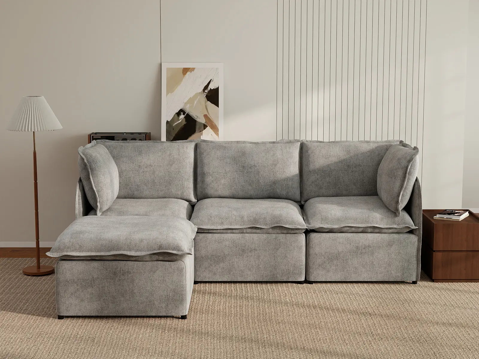 Deluxe Cloud 3-Seater Grey Large Space L-Shaped Sectional | 4-Piece (Includes 1 Ottoman), Linen Look Poly Fabric, Easy To Clean