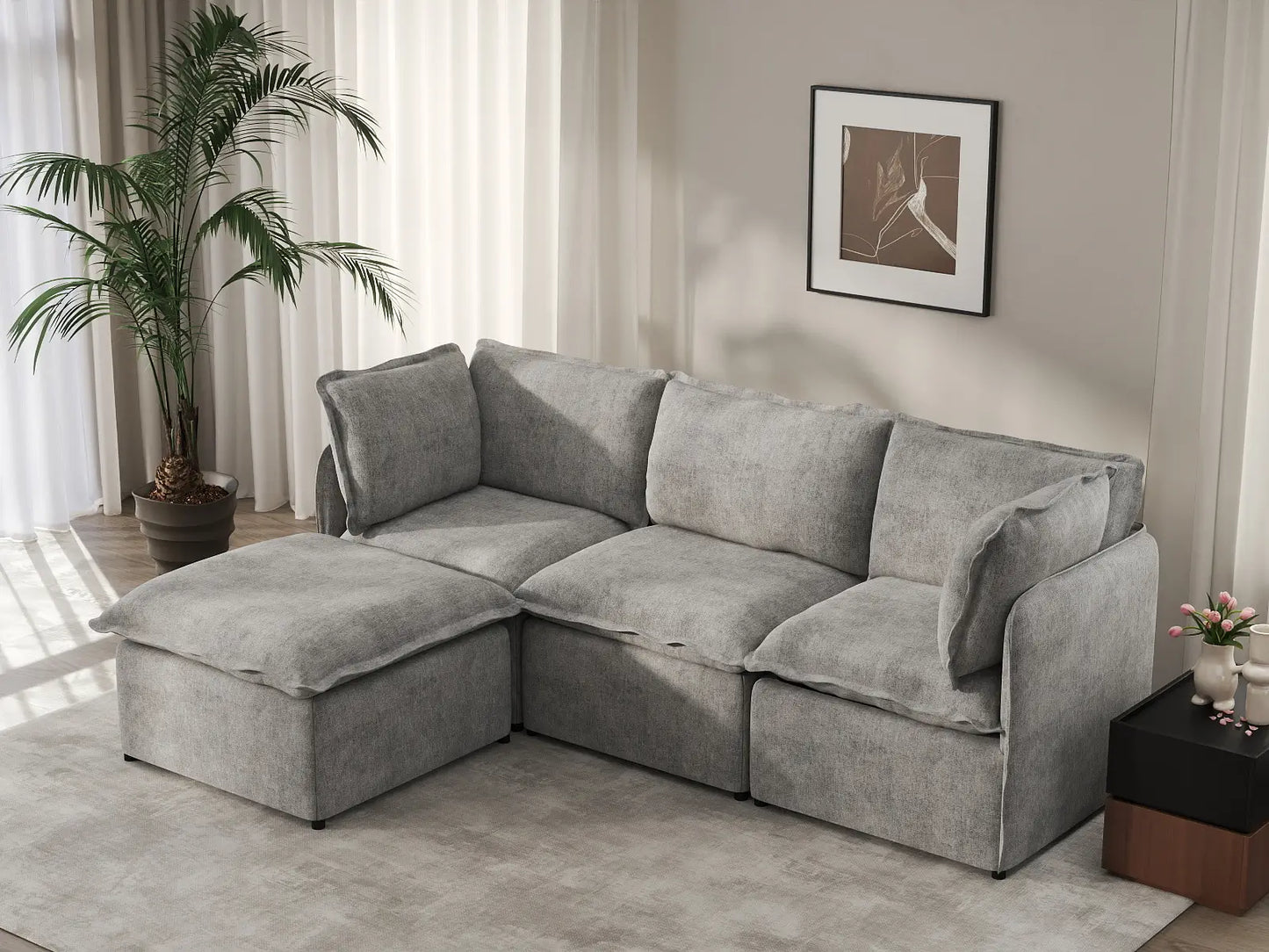 Deluxe Cloud 3-Seater Grey Large Space L-Shaped Sectional | 4-Piece (Includes 1 Ottoman), Linen Look Poly Fabric, Easy To Clean
