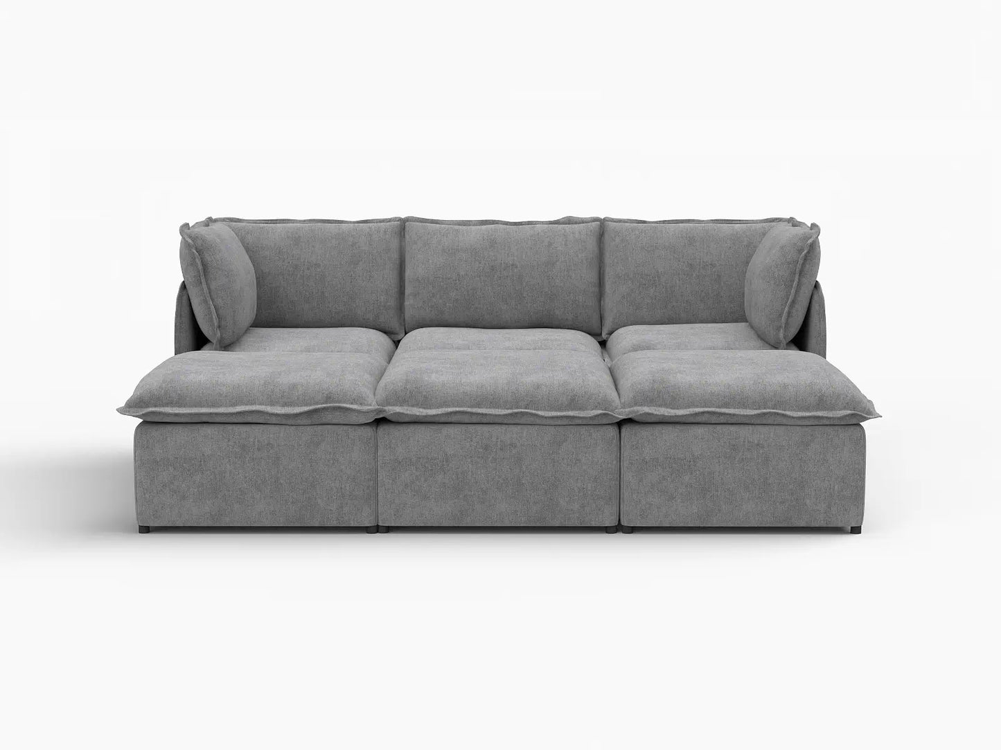 Deluxe Cloud 3-Seater Grey Large Space Pit Sectional | 6-Piece (Includes 3 Ottomans), Linen Look Poly Fabric, Easy To Clean