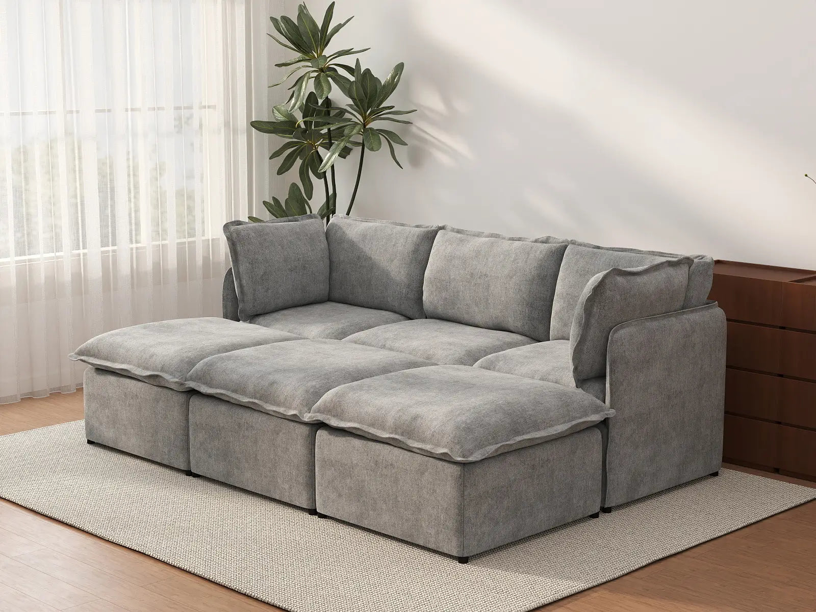Deluxe Cloud 3-Seater Grey Large Space Pit Sectional | 6-Piece (Includes 3 Ottomans), Linen Look Poly Fabric, Easy To Clean