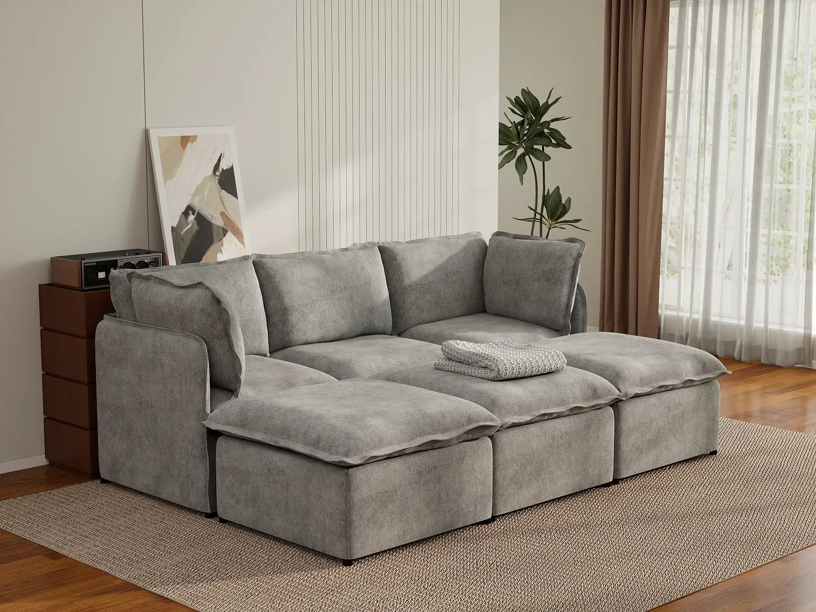 Deluxe Cloud 3-Seater Grey Large Space Pit Sectional | 6-Piece (Includes 3 Ottomans), Linen Look Poly Fabric, Easy To Clean
