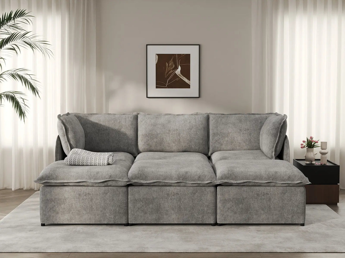 Deluxe Cloud 3-Seater Grey Large Space Pit Sectional | 6-Piece (Includes 3 Ottomans), Linen Look Poly Fabric, Easy To Clean