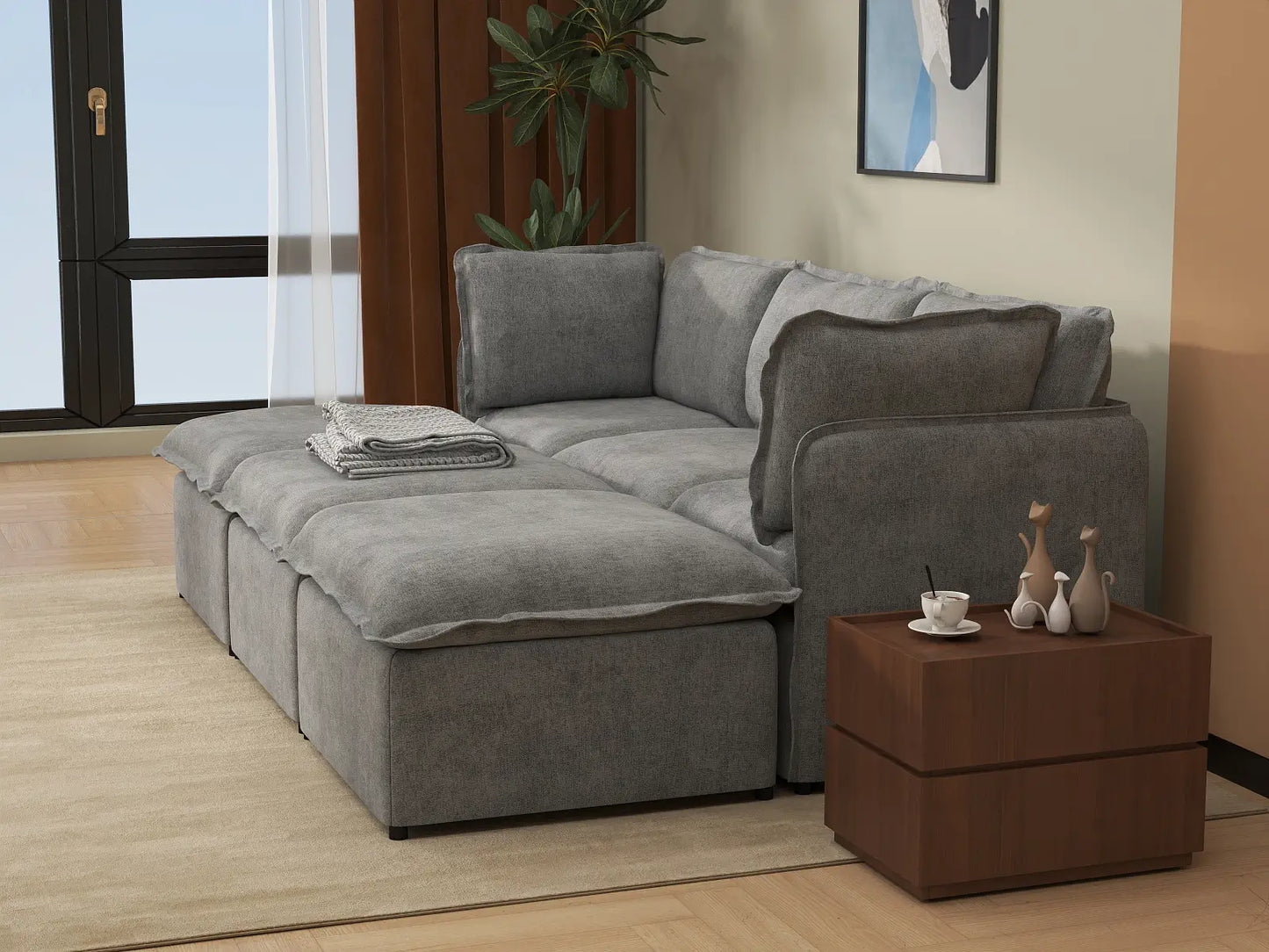 Deluxe Cloud 3-Seater Grey Large Space Pit Sectional | 6-Piece (Includes 3 Ottomans), Linen Look Poly Fabric, Easy To Clean