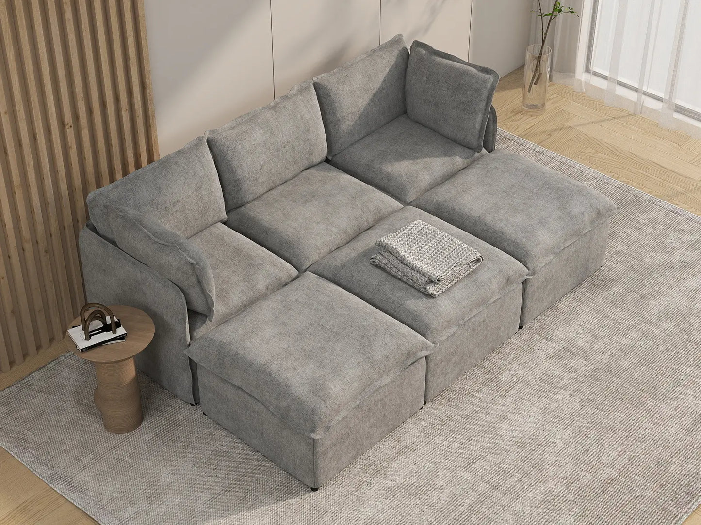 Deluxe Cloud 3-Seater Grey Large Space Pit Sectional | 6-Piece (Includes 3 Ottomans), Linen Look Poly Fabric, Easy To Clean