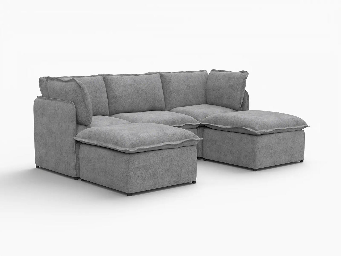 Deluxe Cloud 3-Seater Grey Large Space U-Shaped Sectional | 5-Piece (Includes 2 Ottomans), Linen Look Poly Fabric, Easy To Clean