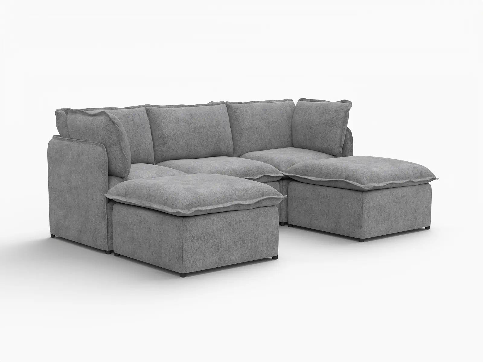 Deluxe Cloud 3-Seater Grey Large Space U-Shaped Sectional | 5-Piece (Includes 2 Ottomans), Linen Look Poly Fabric, Easy To Clean
