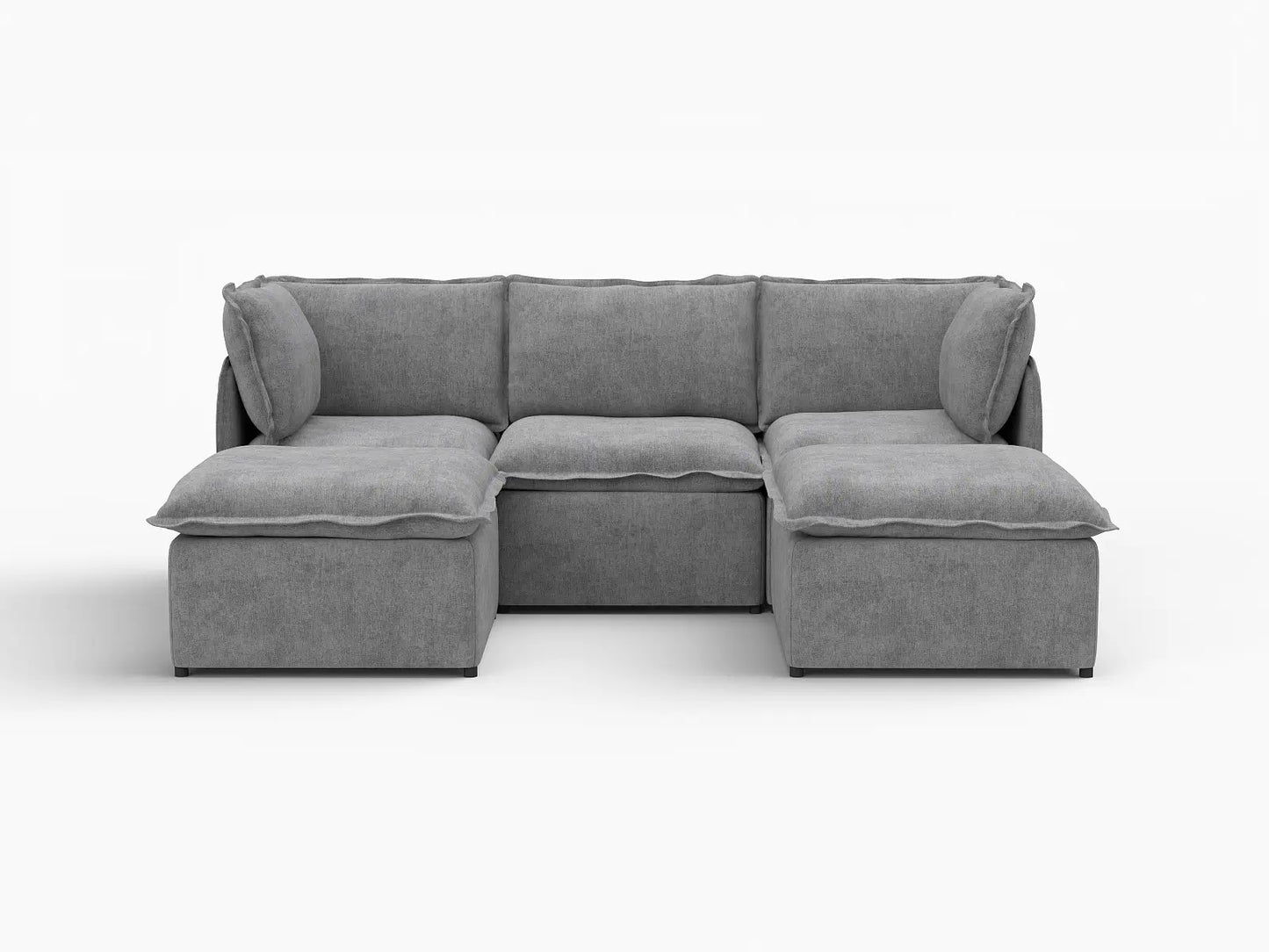 Deluxe Cloud 3-Seater Grey Large Space U-Shaped Sectional | 5-Piece (Includes 2 Ottomans), Linen Look Poly Fabric, Easy To Clean