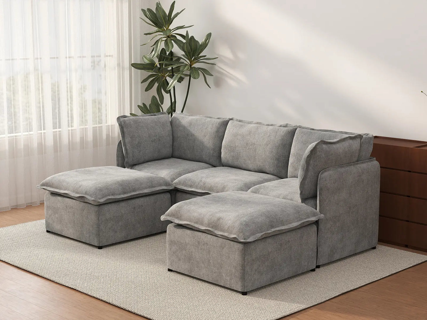 Deluxe Cloud 3-Seater Grey Large Space U-Shaped Sectional | 5-Piece (Includes 2 Ottomans), Linen Look Poly Fabric, Easy To Clean