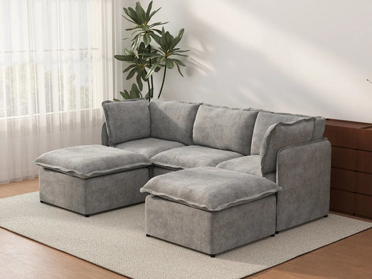 Deluxe Cloud 3-Seater Grey Large Space U-Shaped Sectional | 5-Piece (Includes 2 Ottomans), Linen Look Poly Fabric, Easy To Clean