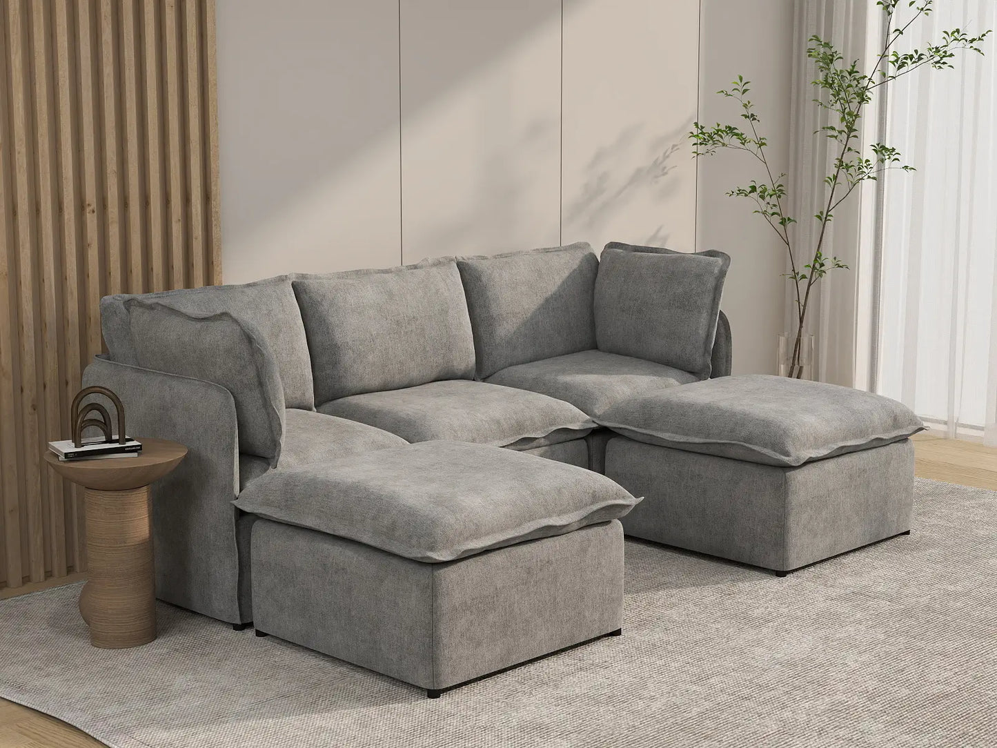 Deluxe Cloud 3-Seater Grey Large Space U-Shaped Sectional | 5-Piece (Includes 2 Ottomans), Linen Look Poly Fabric, Easy To Clean