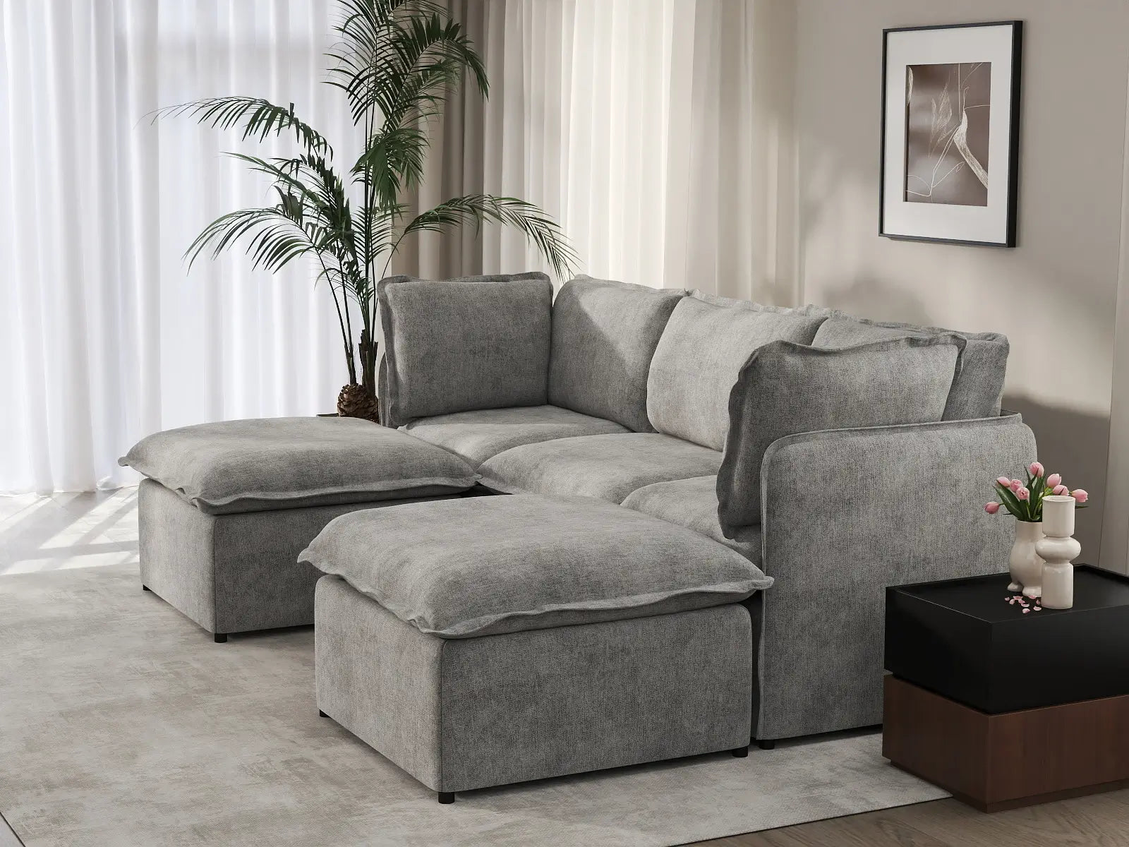 Deluxe Cloud 3-Seater Grey Large Space U-Shaped Sectional | 5-Piece (Includes 2 Ottomans), Linen Look Poly Fabric, Easy To Clean