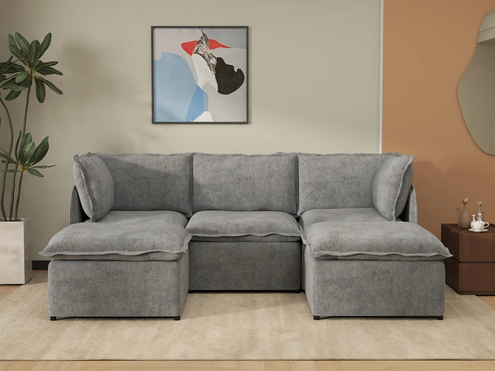 Deluxe Cloud 3-Seater Grey Large Space U-Shaped Sectional | 5-Piece (Includes 2 Ottomans), Linen Look Poly Fabric, Easy To Clean