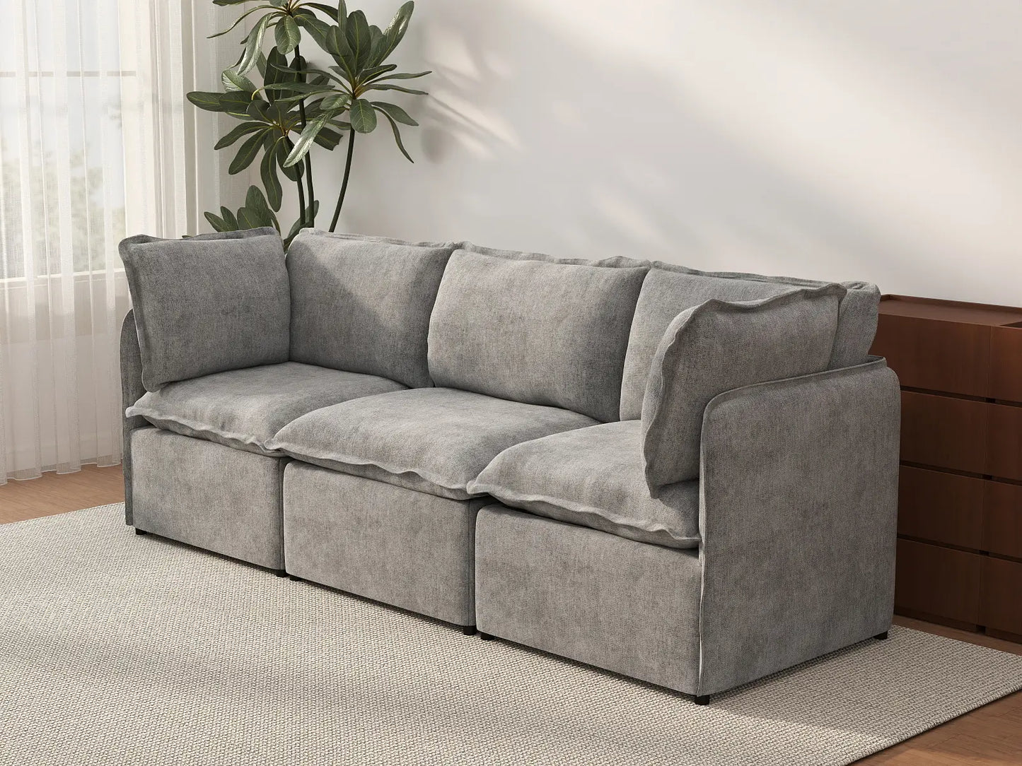 Deluxe Cloud 3-Seater Grey Small Space Couch Sectional | 3-Piece, Linen Look Poly Fabric, Easy To Clean