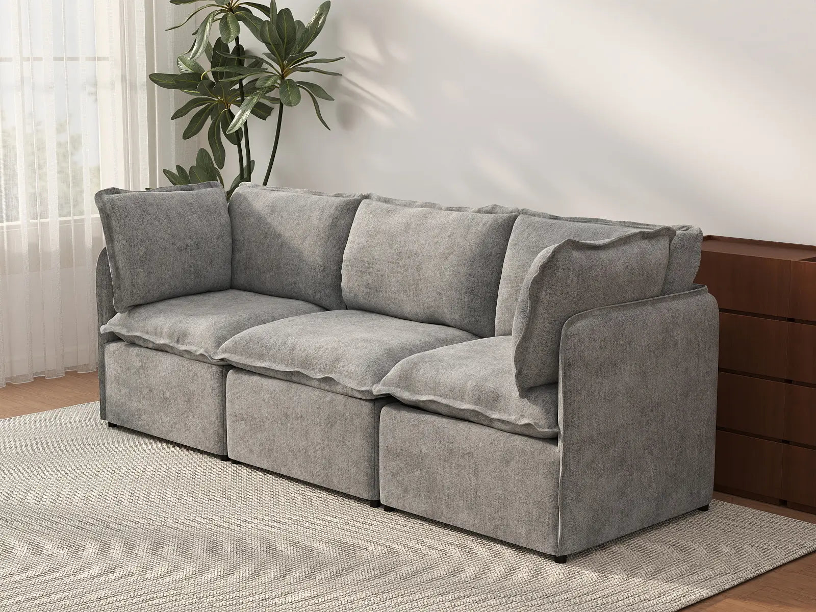 Deluxe Cloud 3-Seater Grey Small Space Couch Sectional | 3-Piece, Linen Look Poly Fabric, Easy To Clean
