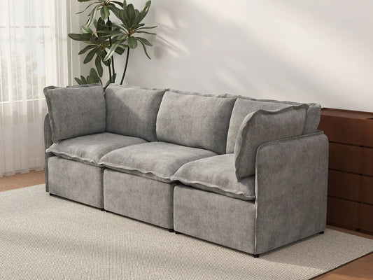 Deluxe Cloud 3-Seater Grey Small Space Couch Sectional | 3-Piece, Linen Look Poly Fabric, Easy To Clean