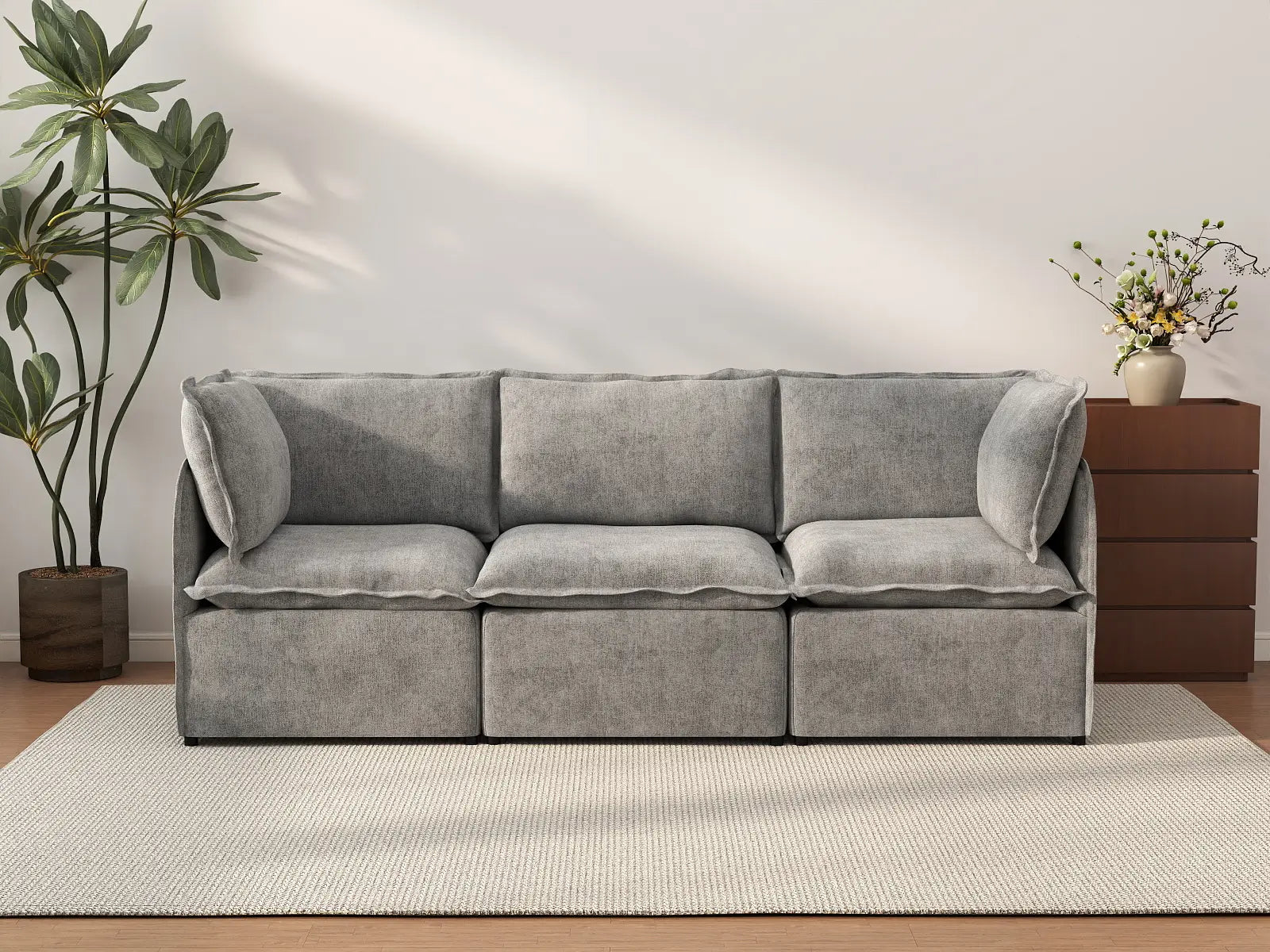 Deluxe Cloud 3-Seater Grey Small Space Couch Sectional | 3-Piece, Linen Look Poly Fabric, Easy To Clean
