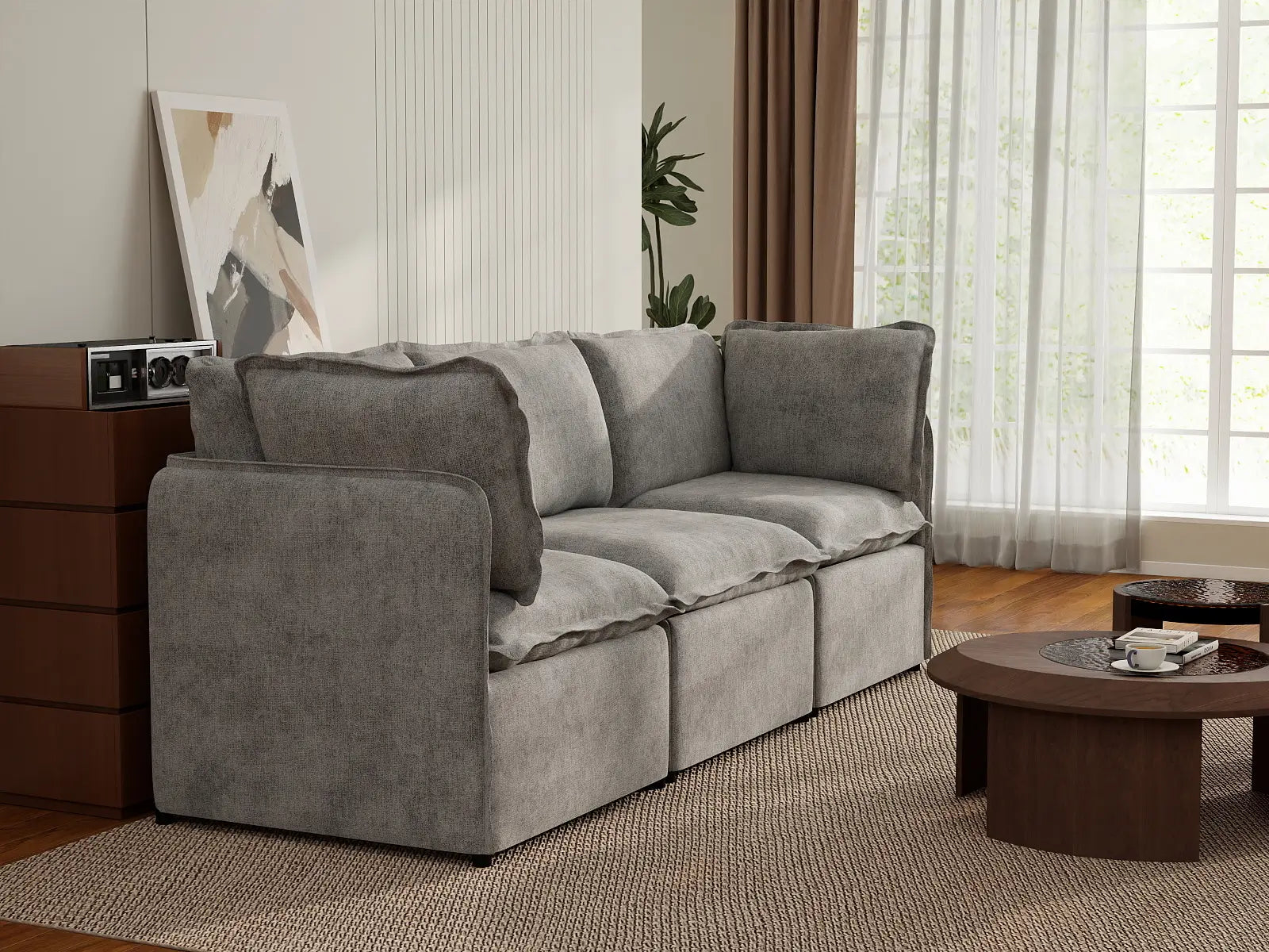 Deluxe Cloud 3-Seater Grey Small Space Couch Sectional | 3-Piece, Linen Look Poly Fabric, Easy To Clean