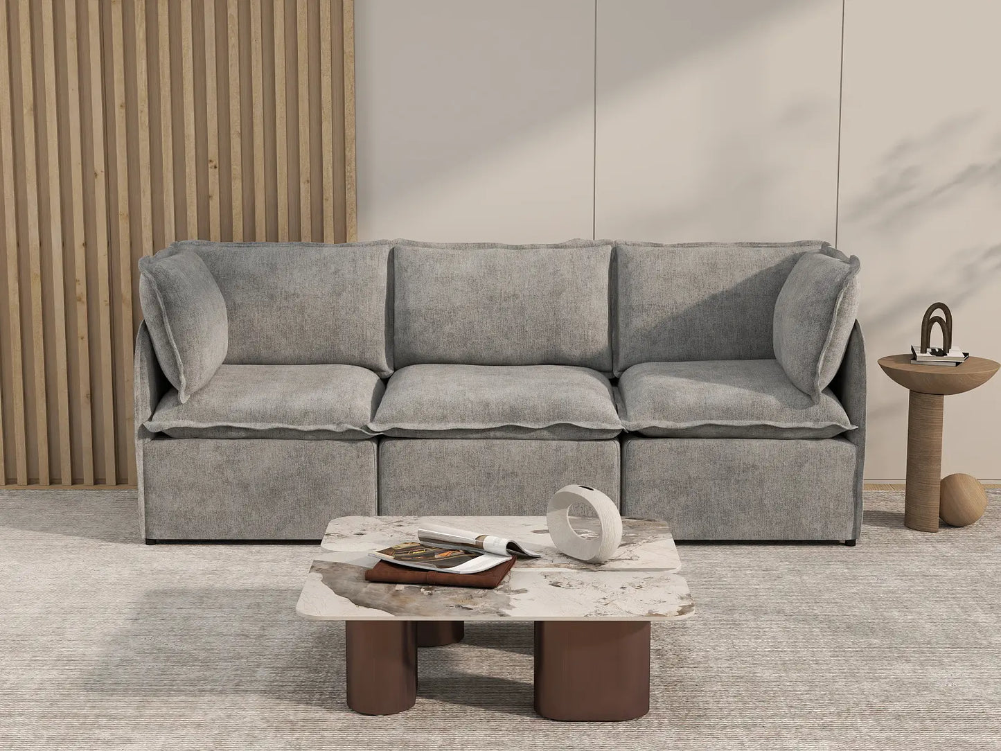 Deluxe Cloud 3-Seater Grey Small Space Couch Sectional | 3-Piece, Linen Look Poly Fabric, Easy To Clean