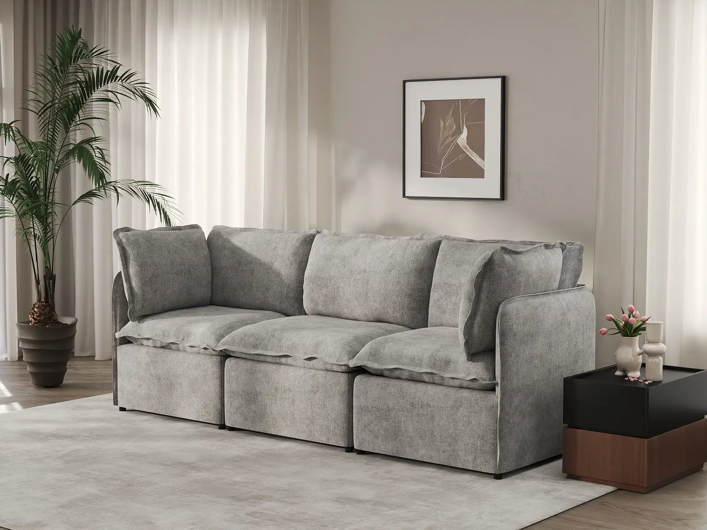 Deluxe Cloud 3-Seater Grey Small Space Couch Sectional | 3-Piece, Linen Look Poly Fabric, Easy To Clean