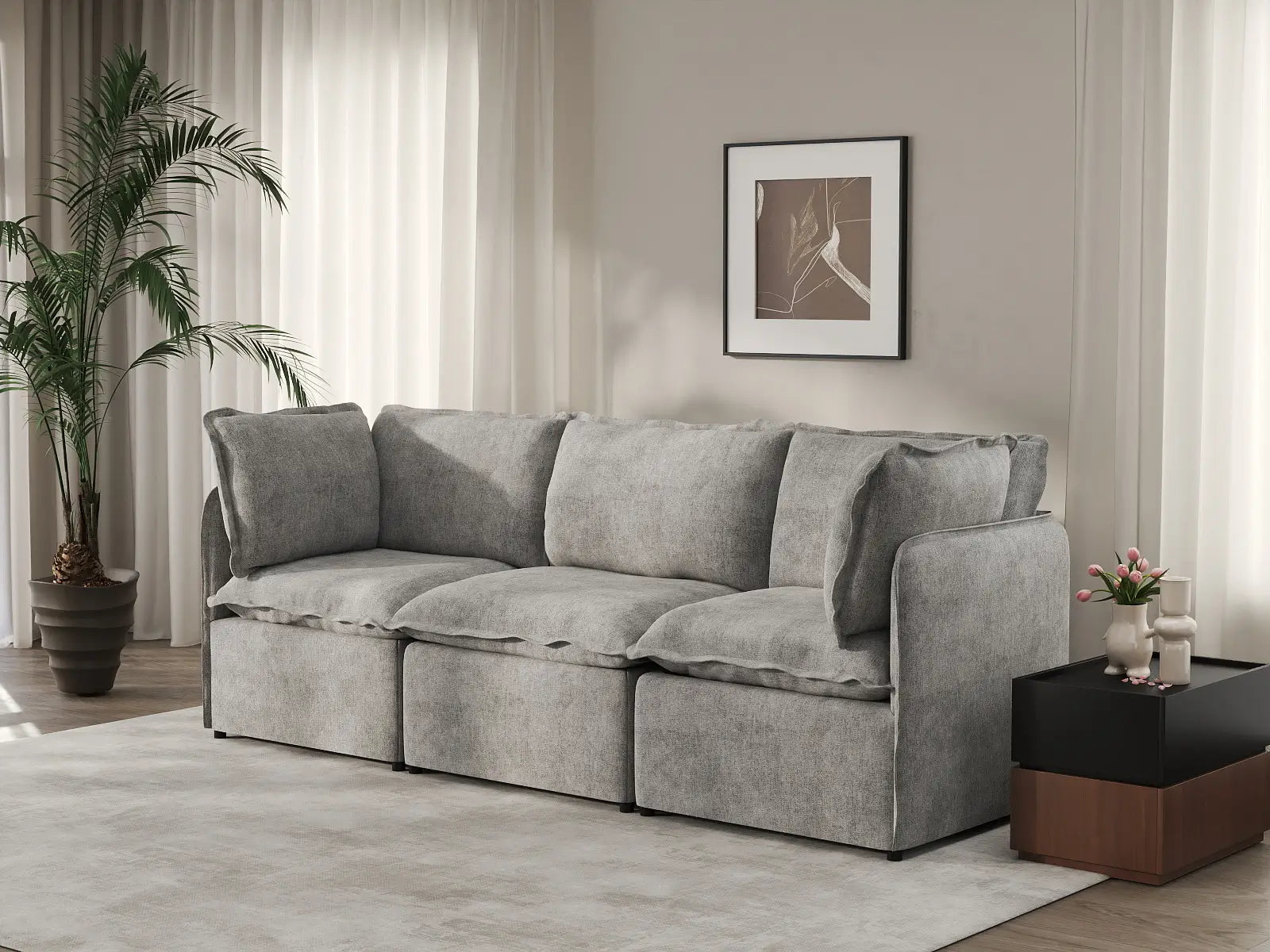 Deluxe Cloud 3-Seater Grey Small Space Couch Sectional | 3-Piece, Linen Look Poly Fabric, Easy To Clean