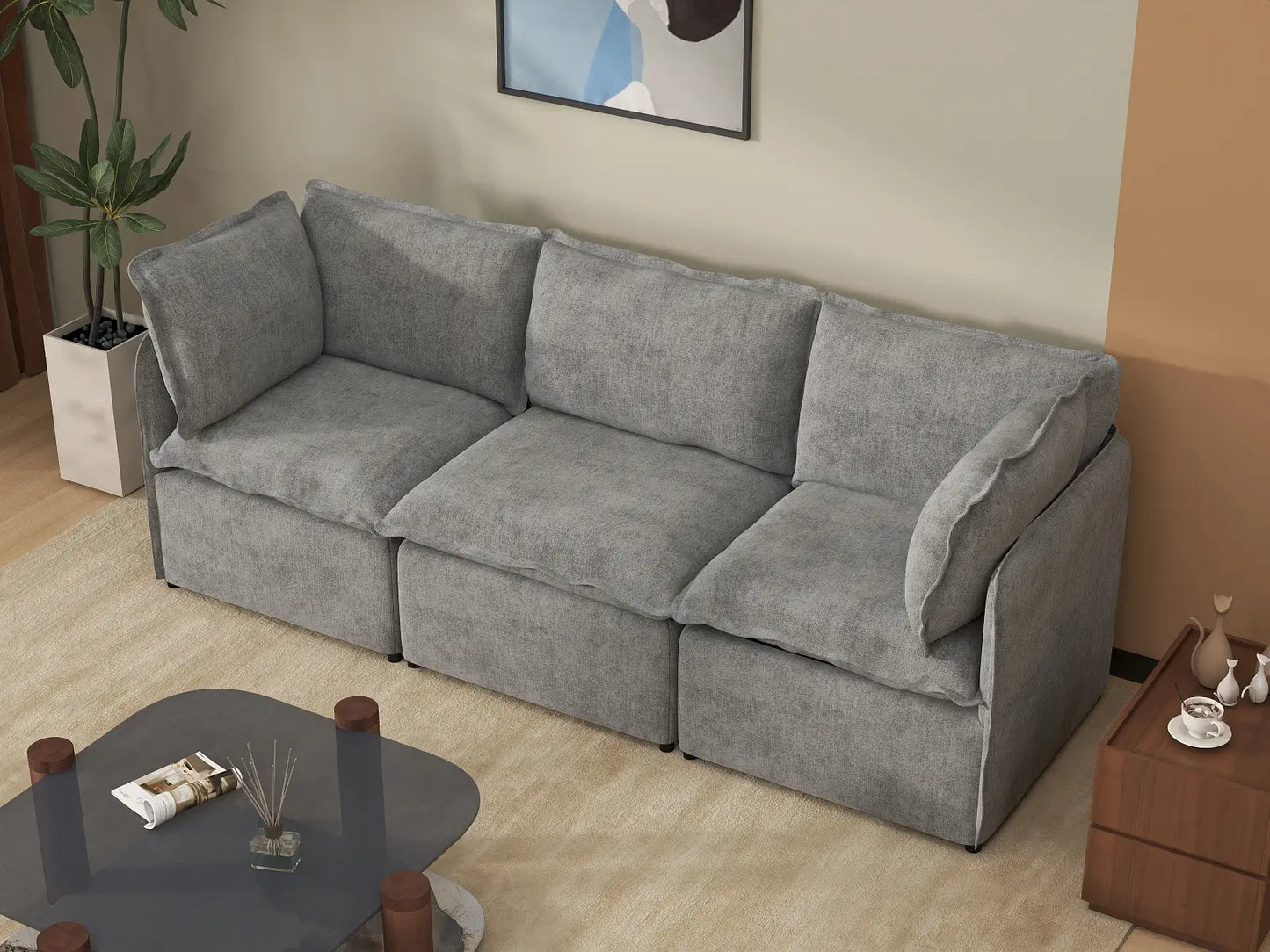 Deluxe Cloud 3-Seater Grey Small Space Couch Sectional | 3-Piece, Linen Look Poly Fabric, Easy To Clean