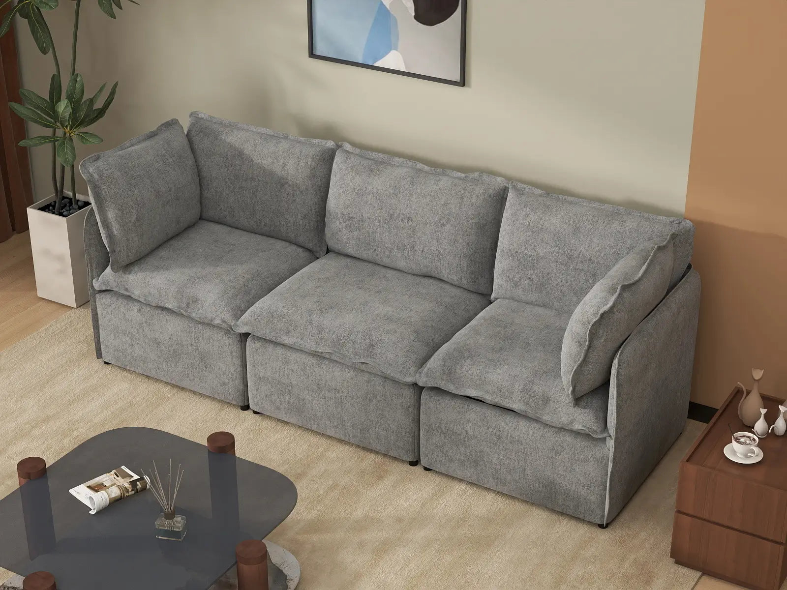 Deluxe Cloud 3-Seater Grey Small Space Couch Sectional | 3-Piece, Linen Look Poly Fabric, Easy To Clean