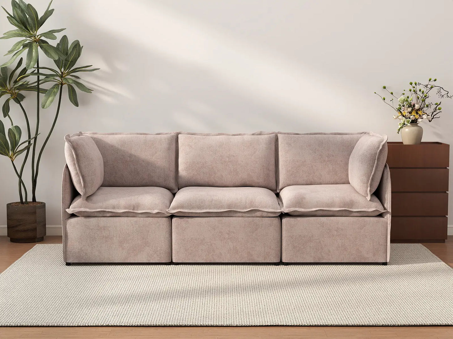 Deluxe Cloud 3-Seater Khaki Couch Sectional | 3-Piece, Linen Look Poly Fabric, Washable Cushion Covers