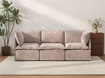 Deluxe Cloud 3-Seater Khaki Couch Sectional | 3-Piece, Linen Look Poly Fabric, Washable Cushion Covers