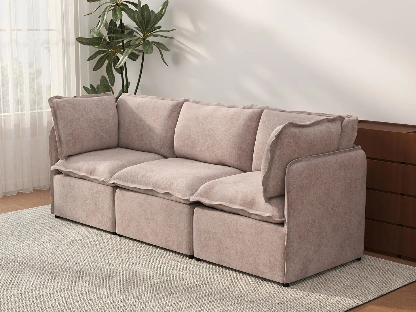 Deluxe Cloud 3-Seater Khaki Couch Sectional | 3-Piece, Linen Look Poly Fabric, Washable Cushion Covers
