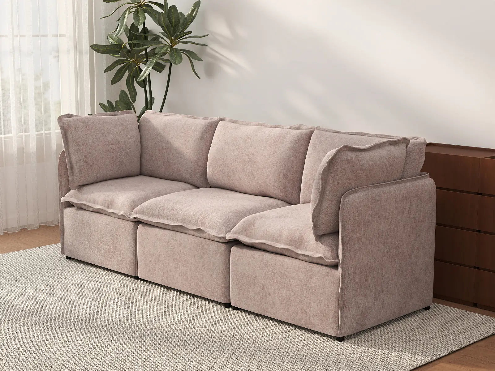 Deluxe Cloud 3-Seater Khaki Couch Sectional | 3-Piece, Linen Look Poly Fabric, Washable Cushion Covers
