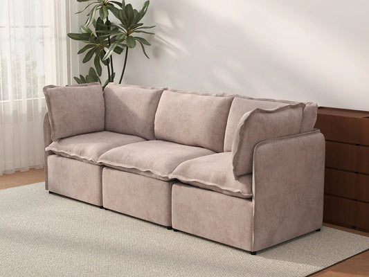 Deluxe Cloud 3-Seater Khaki Couch Sectional | 3-Piece, Linen Look Poly Fabric, Washable Cushion Covers