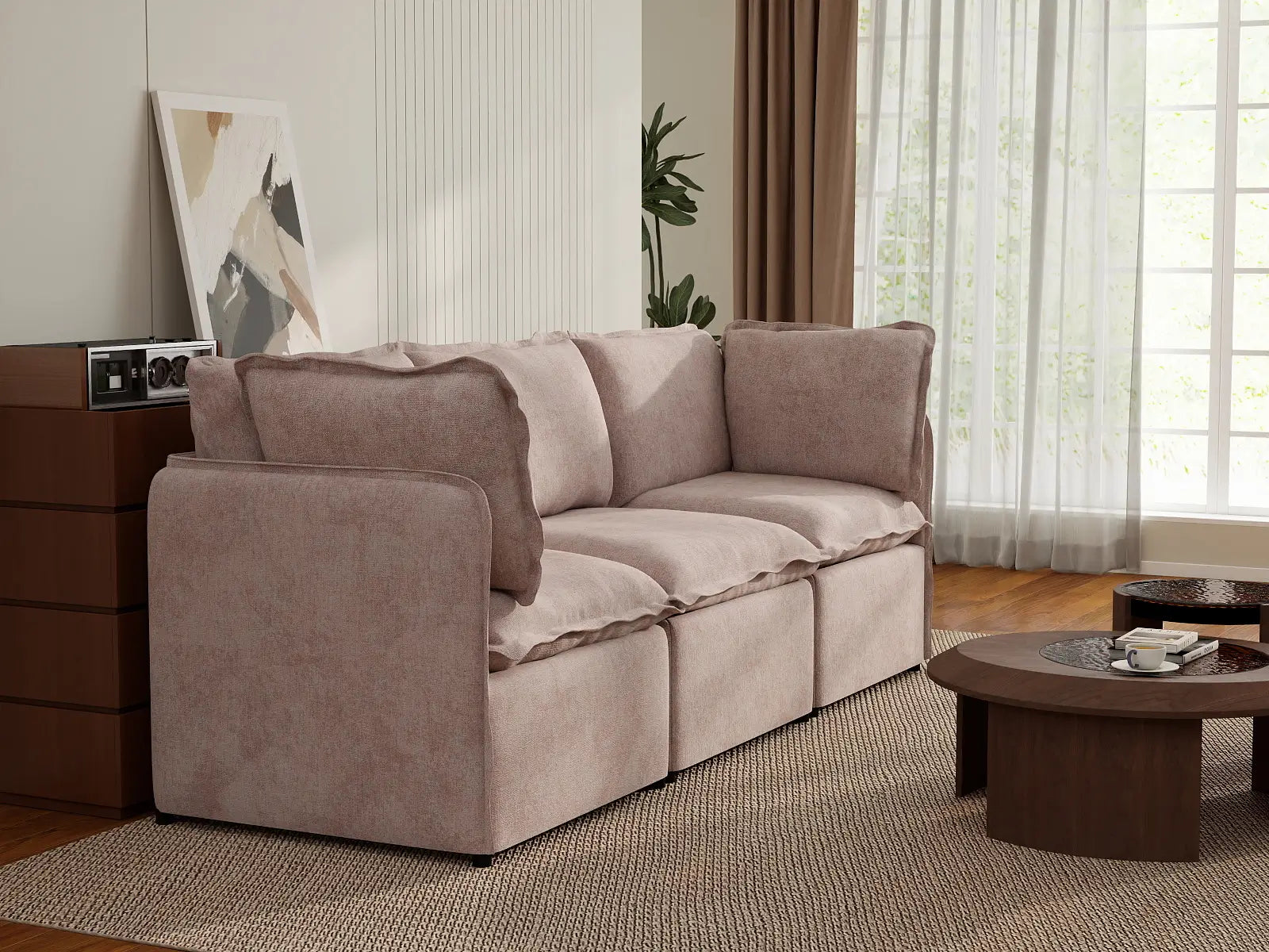 Deluxe Cloud 3-Seater Khaki Couch Sectional | 3-Piece, Linen Look Poly Fabric, Washable Cushion Covers