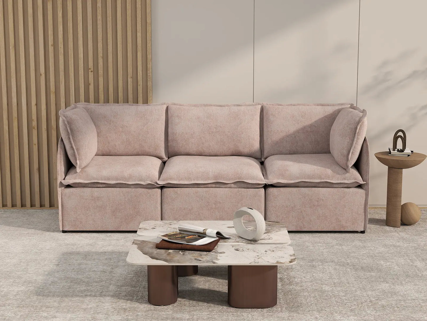 Deluxe Cloud 3-Seater Khaki Couch Sectional | 3-Piece, Linen Look Poly Fabric, Washable Cushion Covers
