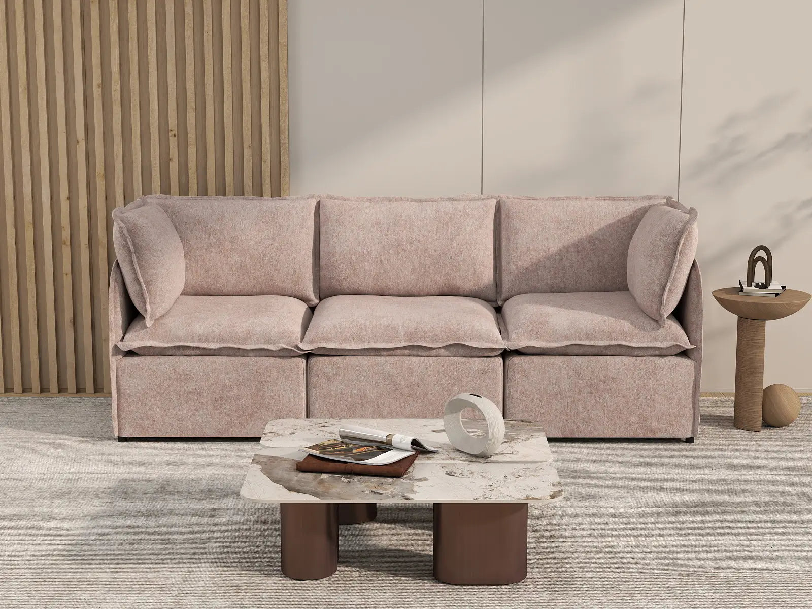 Deluxe Cloud 3-Seater Khaki Couch Sectional | 3-Piece, Linen Look Poly Fabric, Washable Cushion Covers