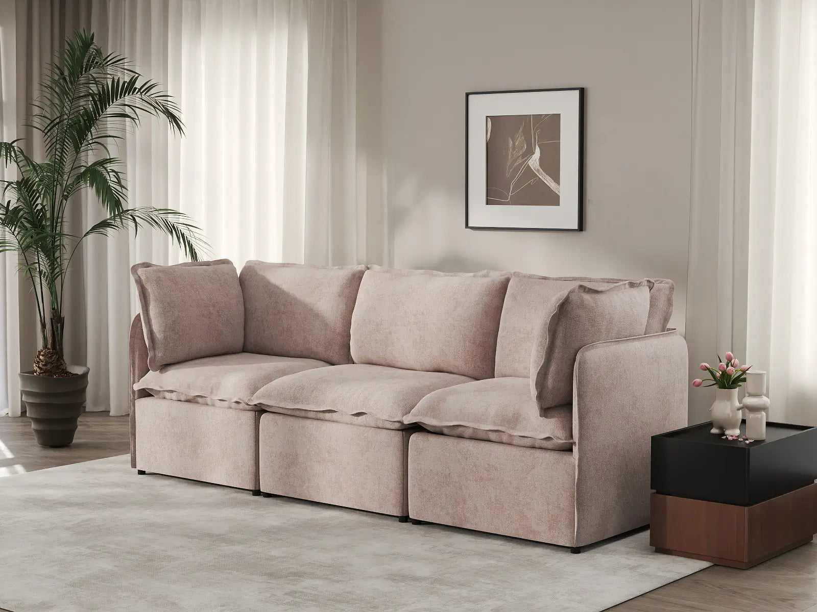 Deluxe Cloud 3-Seater Khaki Couch Sectional | 3-Piece, Linen Look Poly Fabric, Washable Cushion Covers