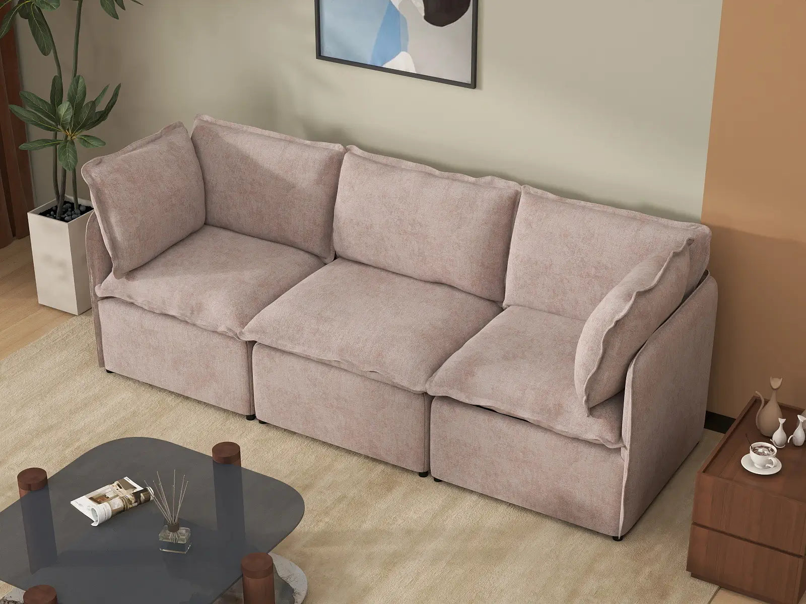 Deluxe Cloud 3-Seater Khaki Couch Sectional | 3-Piece, Linen Look Poly Fabric, Washable Cushion Covers