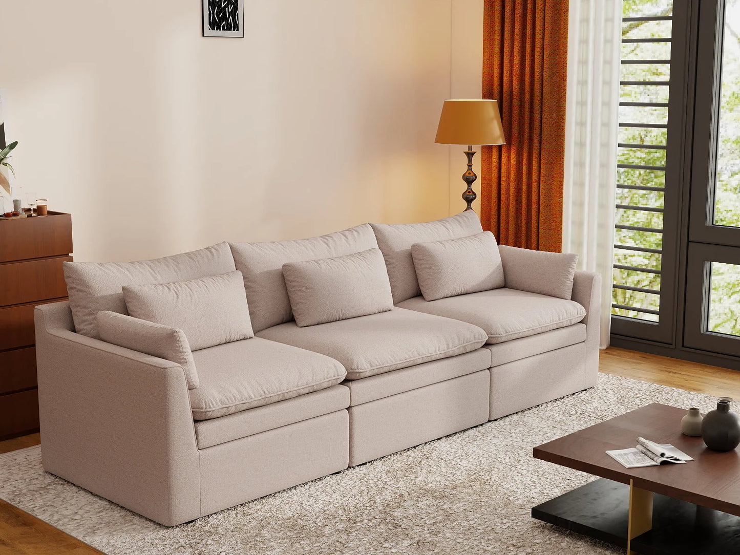 Deluxe Cloud 3-Seater Khaki Couch Sectional | 3-Piece, Linen Look Poly Fabric, Washable Cushion Covers