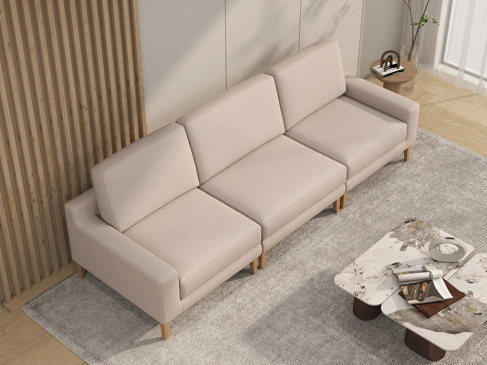 Deluxe Cloud 3-Seater Khaki Couch Sectional | 3-Piece, Linen Look Poly Fabric, Washable Cushion Covers