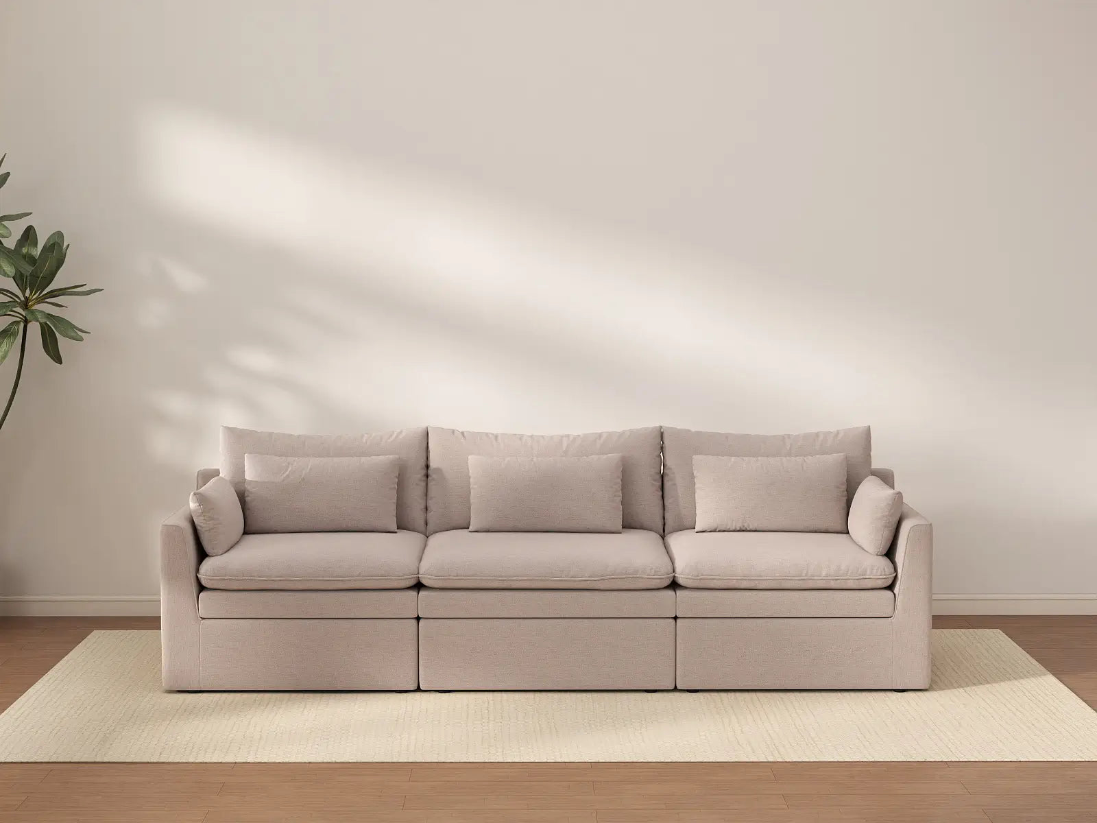 Deluxe Cloud 3-Seater Khaki Couch Sectional | 3-Piece, Linen Look Poly Fabric, Washable Cushion Covers