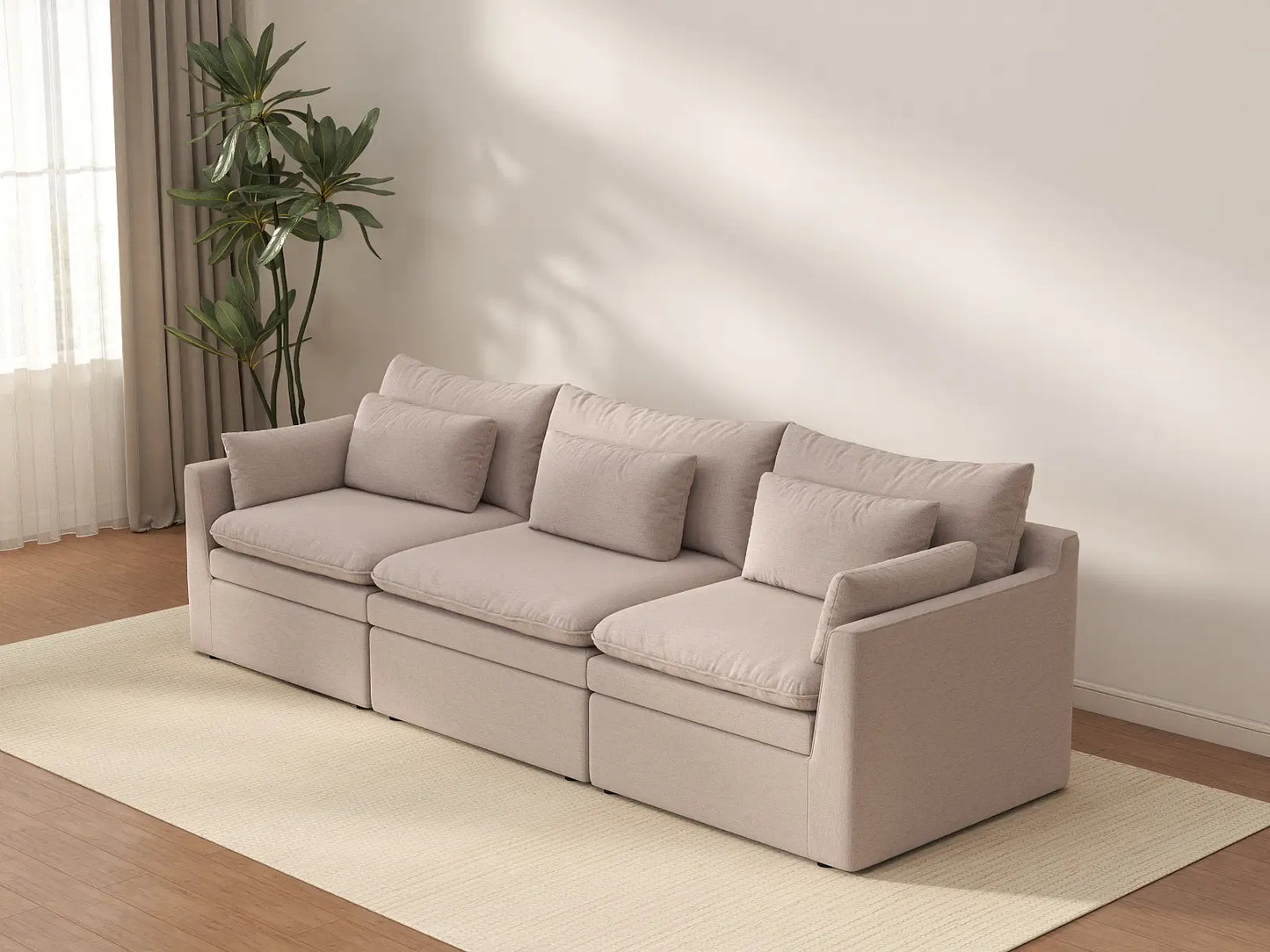 Deluxe Cloud 3-Seater Khaki Couch Sectional | 3-Piece, Linen Look Poly Fabric, Washable Cushion Covers