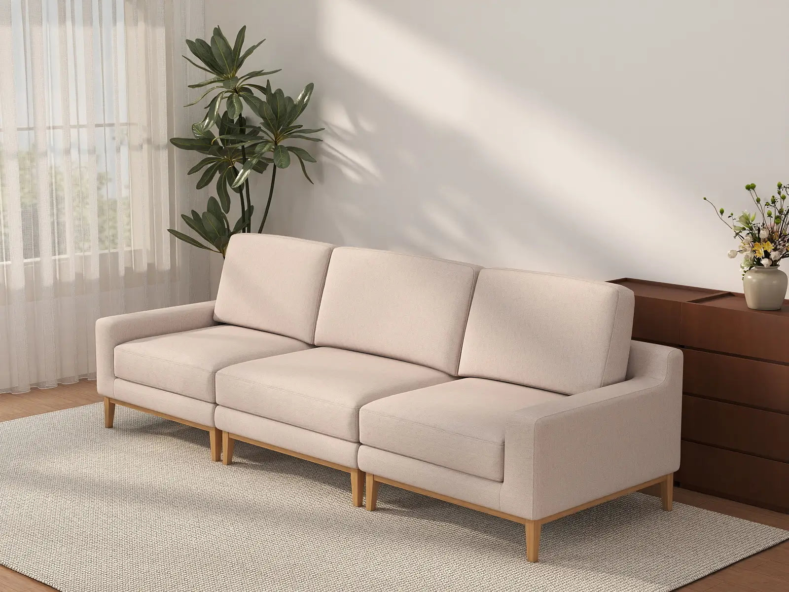 Deluxe Cloud 3-Seater Khaki Couch Sectional | 3-Piece, Linen Look Poly Fabric, Washable Cushion Covers