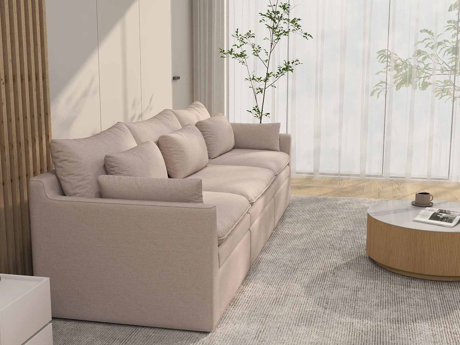 Deluxe Cloud 3-Seater Khaki Couch Sectional | 3-Piece, Linen Look Poly Fabric, Washable Cushion Covers